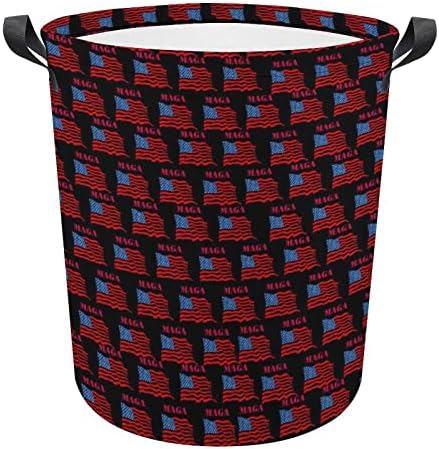 American Flag Maga Laundry Tester cestas de tecido de lona redonda com alças Bolsa de roupas de lavagem dobrável à prova d'água