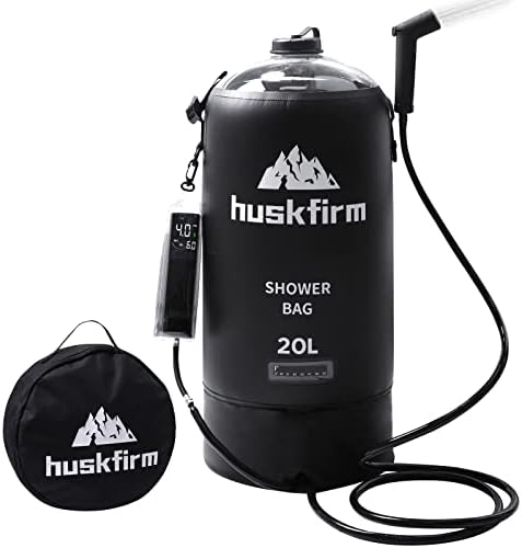 Chuveiro portátil da Huskfirm, 5 galões/20l de chuveiro de camping com bomba de ar elétrico, janela de nível de água, chuveiro solar