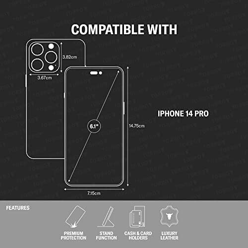 Torro Leather Case Compatível com iPhone 14 Pro - Caixa/capa de carteira de couro genuíno com suporte de cartão e função de suporte