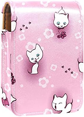 Kitten branco em flores Batom de batom rosa Ponto de batom com espelho, bolsa de brilho labial portátil, kit de armazenamento cosmético de couro impermeável para bolsa