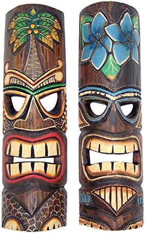Wowser criado à mão Polinésia estilo havaiano Máscaras tiki pintadas de floral, decoração de parede, conjunto de 2 cores variadas, 19 polegadas