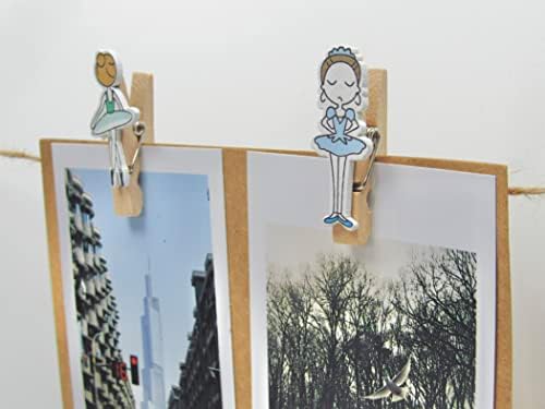 10 PCS Mini Photo Clipes de balé de madeira com 1,64 jardas de barbante, para cartões postais DIY, parede fotográfica