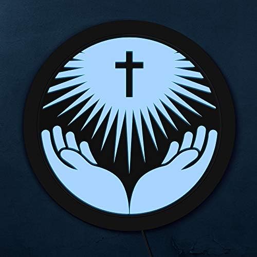 Os dias nerds mãos segurando cruzamento símbolo de religião personalizado aresto redondo redondo led signo de neon logotipo igreja
