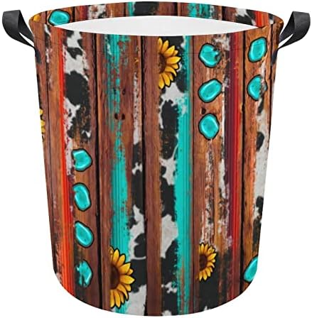 Country Western Sunflowers Turquoise Stone Wood Roupa de cesta de cesta de cesto de cesto de roupas sujas Bin armazenamento
