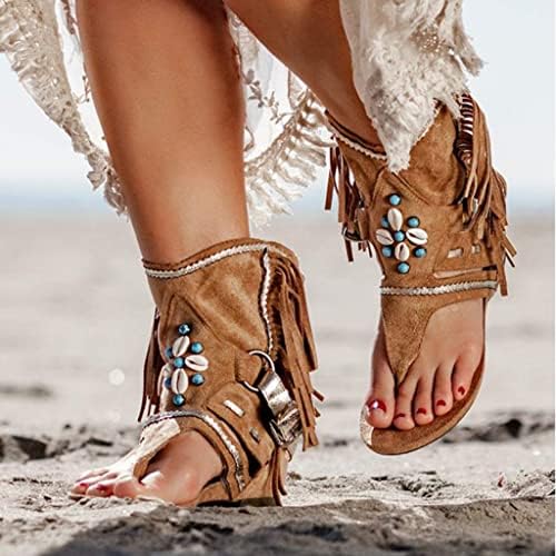 Sandálias de borla para mulheres boêmias sandálias planas vintage oca em sandálias romanas respiráveis ​​clipe de pé de praia