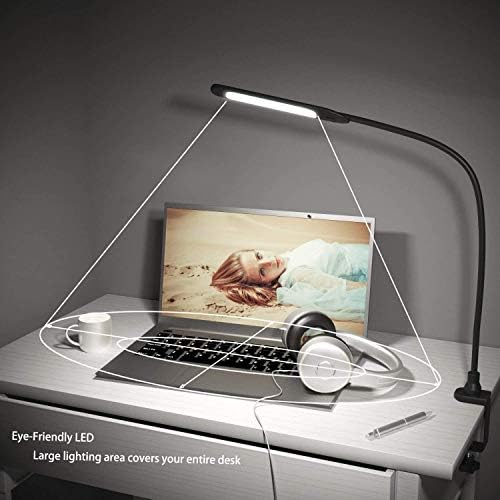 Lâmpada de mesa LED com braçadeira, lâmpada flexível de pinça de ganso, diminuído, controle de toque 3 modos de cores, luz de mesa ocular