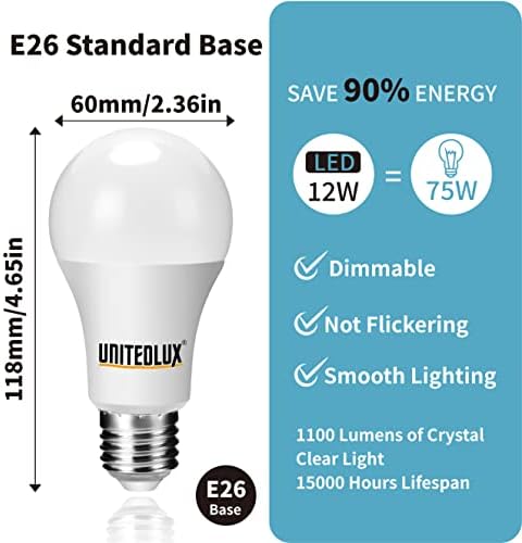 Lâmpadas LED de LED de UnitedLlux A19 diminuem 75W, luz do dia 5000k 1100 lumens CRI 90+, E26 Base padrão, lâmpadas AC 120V para