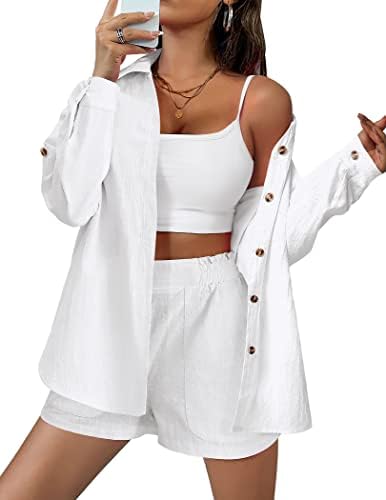 Hotouch Women 2 peças roupas de linho de algodão para o verão de duas peças de camisa e shorts tracksuit Lounge Conjunto