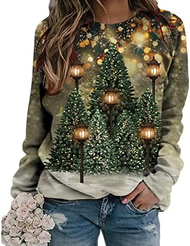Brkewi Womens Christmas Tunic Tops Moda 2023 Ano Novo Manga Longa Crewneck Sweatters Light Up Xmas Tree Sweatshirt Pullover