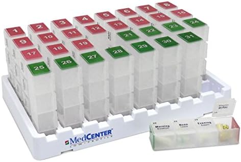 Organizador mensal de medicamentos para gaveta ou caixa de trava com 31 caixas de comprimidos e 4 compartimentos