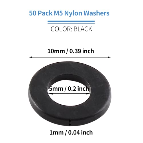 Qjaiune 50 pacote m5 arruelas de nylon preto arruela plana, 5 mm ID 10mm od 1mm espessura de torneira de espessura junta plástica,