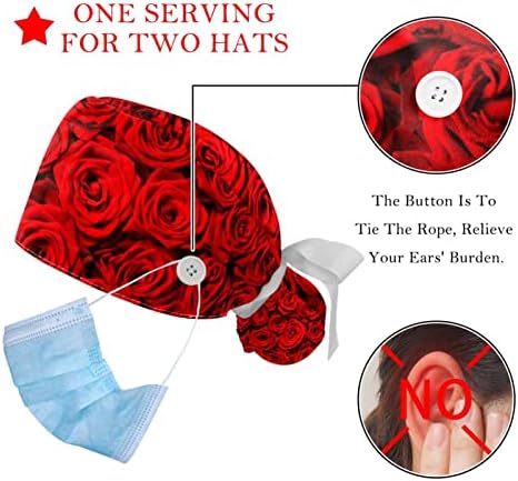 Lorvies Medical Caps for Women With Buttons Long Hair, Bapa de Trabalho Ajustável de 2 Peças, Padrão de Flor de Rosa Vermelha