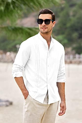 BBALIZKO Mens Guayabera Button Down Camisa Linho de algodão Longa de manga longa Camisetas de praia de verão Plain Summer Top Top