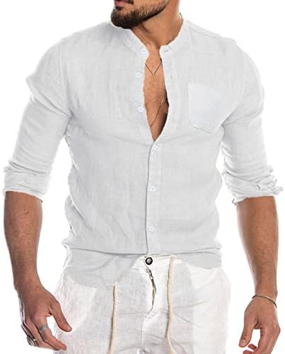 ZDDO Button Button Down Down Camisetas de algodão Manga longa Mock pescoço camisa casual Muscle Vacation Beach Tops com bolso