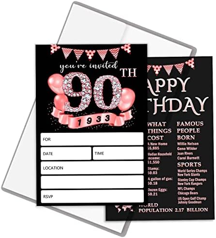 Convites de aniversário de 90 anos Qzcyu com envelopes para mulher, 90º convite para festas de aniversário, convites