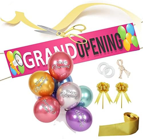 AFFDOZFOR DELUXE Grand Opening Ribbon Cutting Cerimony Kit-10.5 Grandes tesouras com fita dourada, banner, arcos, balões