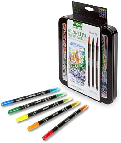 Crayola Brush & Detalhe marcadores de ponta dupla, 32 cores, 16 contagens e marcadores de linha fina para adultos, marcador premium para colorir adulto, ótimo para livros para colorir adultos, presentes [exclusivos da ]