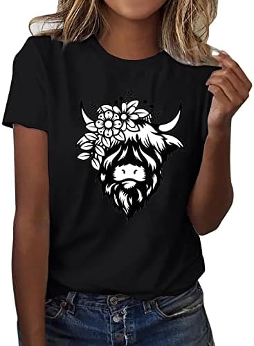 Camiseta de vaca feminina camisetas de animais de verão camisetas de manga curta Crewneck tops de verão camisas casuais de túnica básica