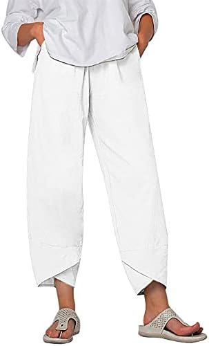 Calças de linho de algodão para mulheres 2023 Summer Elastic Waist Capri Pants casuais calças de praia de perna larga larga com bolsos