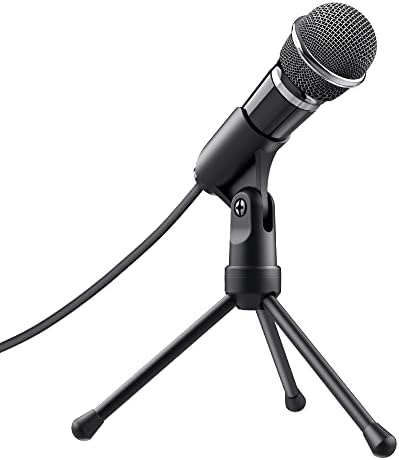 Trust 21671 Starzz Microfone com plugue de 3,5 mm, interruptor mudo, suporte de tripé e cabo de divisor para PC e laptop