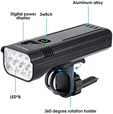 Kaslight poderoso USB Luz de bicicleta recarregável, luz de bicicleta de bicicleta 10000mAh de 8 LEDs dianteiro e traseiro, exibição digital Luz de bicicleta 5modes faróis Treno Runtime 18+hrs para ciclismo de montanha na estrada