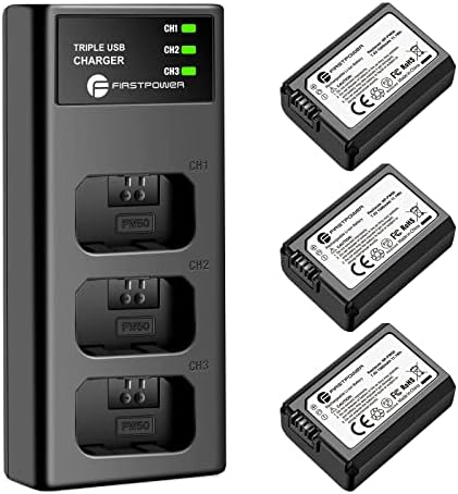 FirstPower NP-FW50 Battery 3-Pack e triplo carregador de slot para Sony A6000 A6300 A6400 A6500 A7 A7II A7RII A7SII A7S A7S2