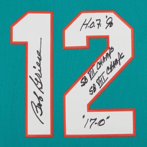 Bob Griese Miami Dolphins autografou Teal Mitchell & Ness Réplica Jersey com várias inscrições - camisas da NFL autografadas