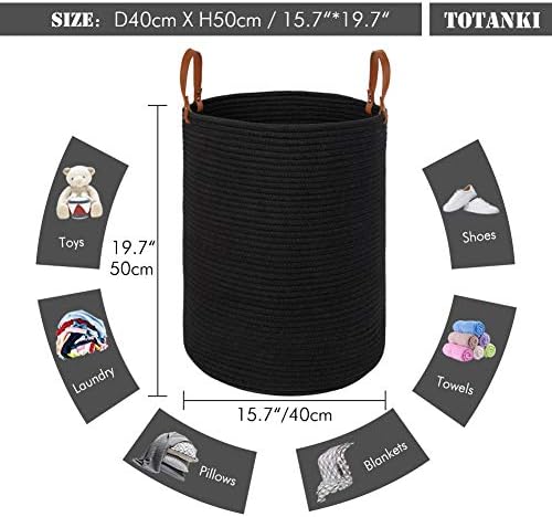 Totanki grande algodão corda de cesta de armazenamento - 15,7 polegadas x 19,7 polegadas - cesta de tecido dobrável com alças de couro para armazenar roupas, fraldas, brinquedos