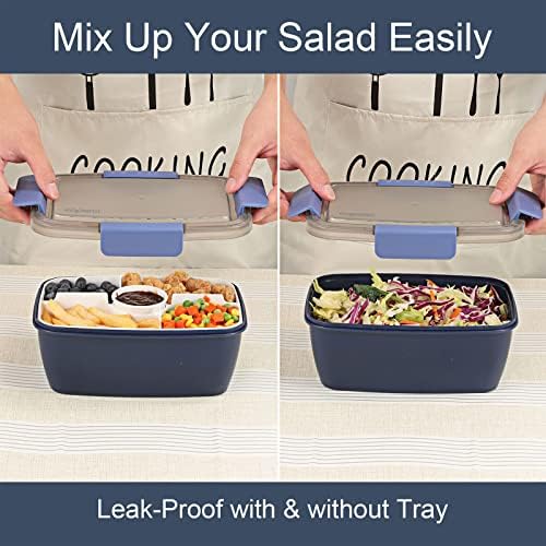 Bigida de recipiente de salada grande de capa para almoço-melhor lancheira para adultos bento 68 oz, bandeja de 5 compartimentos, 2pcs de molho de 3 onças, empilhável, sem bPa