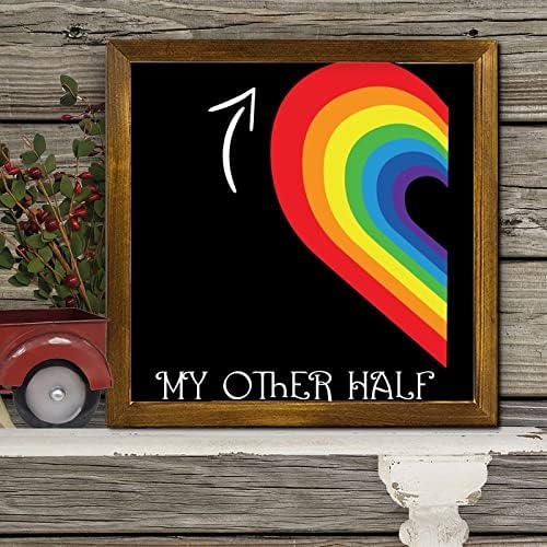 Orgulho arco -íris emoldurado em madeira sinal meu outro meio arco -íris coração placa de madeira clássica orgulho bissexual em casa decoração de parede para lesbian gay lésbica gay 12x12 em LGBTQ