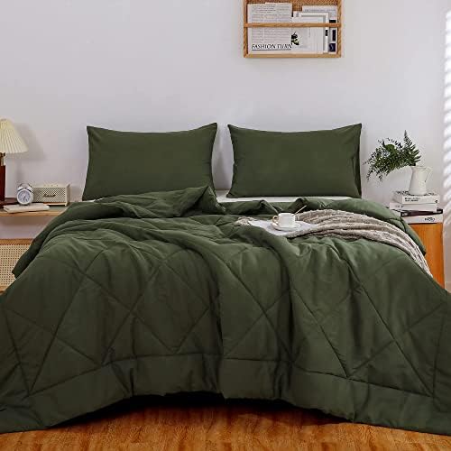 ATSENSE Green Consolador Conjunto em tamanho real, Ultra Microfiber, 3 Peças Conjuntos de cama de quadro verde de oliva para mulheres e homens, inserção de edredão reversível leve e quente para toda a temporada