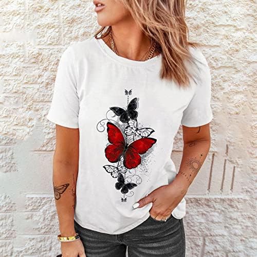 Camise de verão feminina fofa de impressão de borboleta gráfica solta camisetas de cola curta de manga curta Casual Blouse