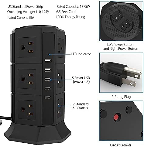 ZSEDP Power Tower Surge Protector 8/12 Way Uso Pluging de plugue elétrico CARGIER USB CARGIER 6.5ft Cabo de extensão para o escritório em casa