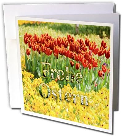 Imagem 3drose de feliz Páscoa em alemão em fileiras de tulipas - cartão de felicitações, 6 x 6, solteiro
