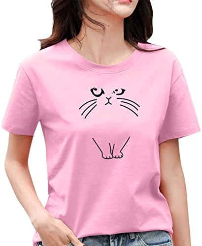 Gráfico feminino feminino de verão Top estampado de manga curta Camiseta de pescoço impressa Bloups de linho de primeira linha feminino