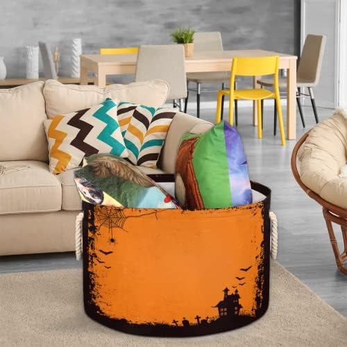 Halloween Bat Orange 03 Grandes cestas redondas para cestas de lavanderia de armazenamento com alças cestas de armazenamento