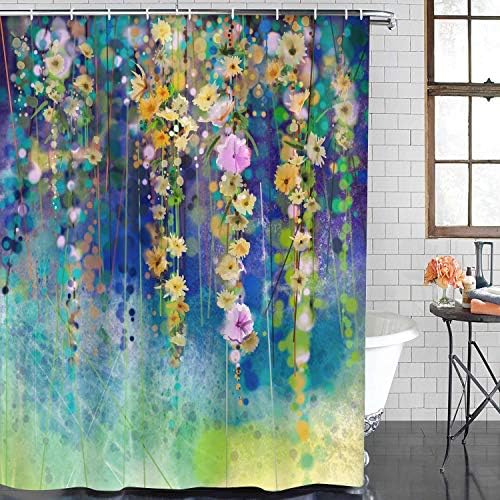 Artsocket 4 PCs Conjunto de cortinas de chuveiro abstrato pintura aquarela floral branca amarelo flores vermelhas cor azul