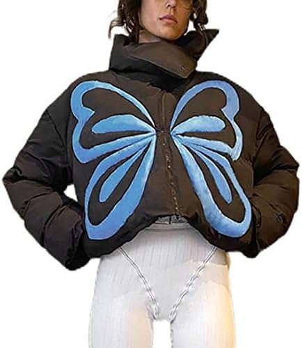Jaqueta de Puffer Cropped para mulheres, Y2K Butterfly Print Casual Quilted Short Down Jacket Coust de roupas de rua adolescentes adolescentes