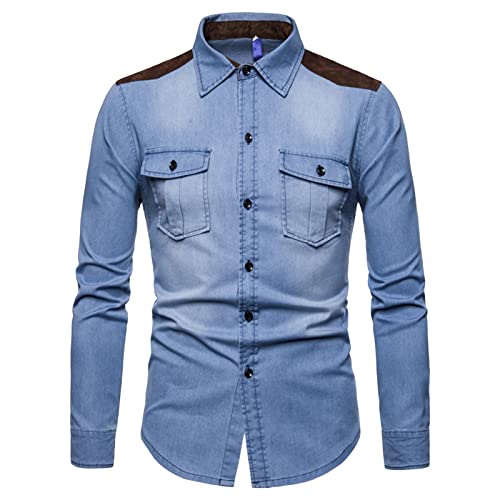 Men's Patchwork Casual camisa de jeans regular botão de ajuste