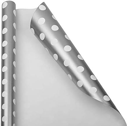 Jam Paper Gift Wrap - Papel de embrulho de bolinhas - 50 pés quadrados total - prata com pontos brancos - 2 rolos/pacote