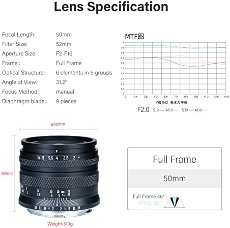Astrhori 50mm F2.0 LENS MANUAL MANUAL DE COMPRIMENTO COMPLETO MANUAL COM EFECTO DE Blur e Slot de filtro compatível