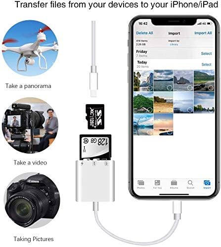 [Apple MFI Certified] Lightning para SD/Micro Card Reader para iPhone/iPad, adaptador de leitor de cartões de memória de 3 em 1 com porta de carregamento, Visualizador de leitor de cartão SD da câmera do jogo de trilha, nenhum aplicativo necessário plug and play