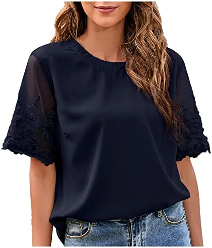 Camisa feminina Camisa Casual Casual Chefon Blusa Crega Pescoço Tops de Manga Curta Tops Verão Faixa Longo Camisetas Básicas de Camises PlainA