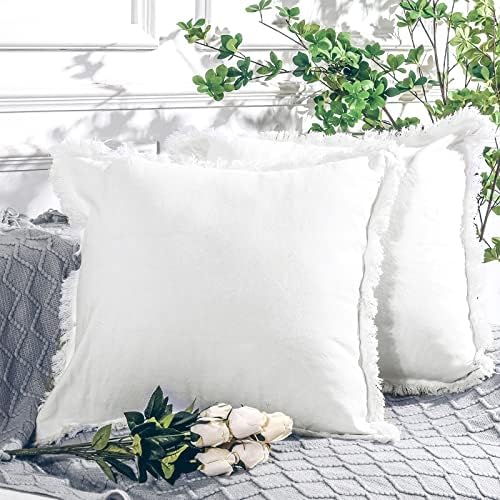 NEXHOME PRO BOHO Tampas de travesseiro para sofá de 2 18 x18, travesseiro de linho decorativo feito à mão capas de verão para cama, sofá, coberturas de almofada com franjas de fazenda, branco