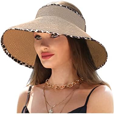 LA Carrie Brim Proteção UV Chapéus Sun para mulheres com acabamento de leopardo Roll Up Beach Visor Hat Upf 50+