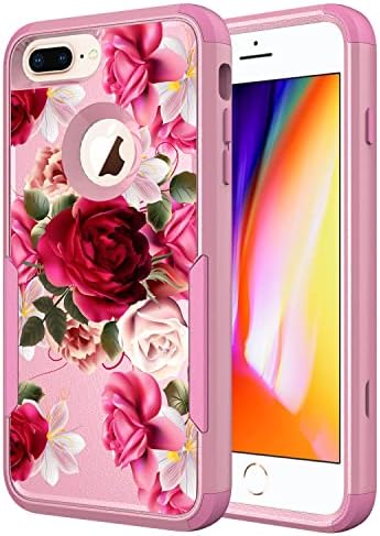 Storm Buy Compatible for Apple iPhone 8 Plus & iPhone 7 Plus Caso, Pink Cute Women & Girls Heavy Duty [Red Rose Floral] Casos