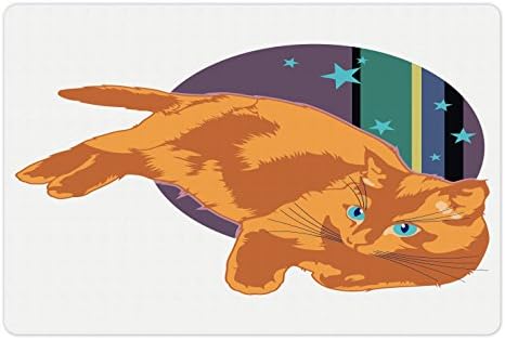 Tapete de estimação de gato lunarable para comida e água, trabalho moderno de um gato deitado em frente às estrelas espaciais externas do planeta, retângulo de borracha sem deslizamento para cães e gatos, multicolor