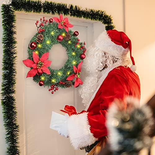 Grinalda de Natal de 18 polegadas com luzes, porta da frente da porta da frente Decoração de parede de Natal com três flores