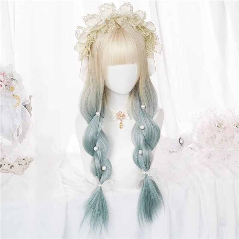 Douba Gradiente de cabelo sintético Gradiente azul verde/roxo Cosplay Wig com franja Longa Lolita Lolita Style Wig Wig feminino