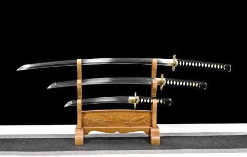 Lyuesword mão forjada japonês argila ponded espada conjunto de 3 peças dragão de espada preta tsuba tang completa